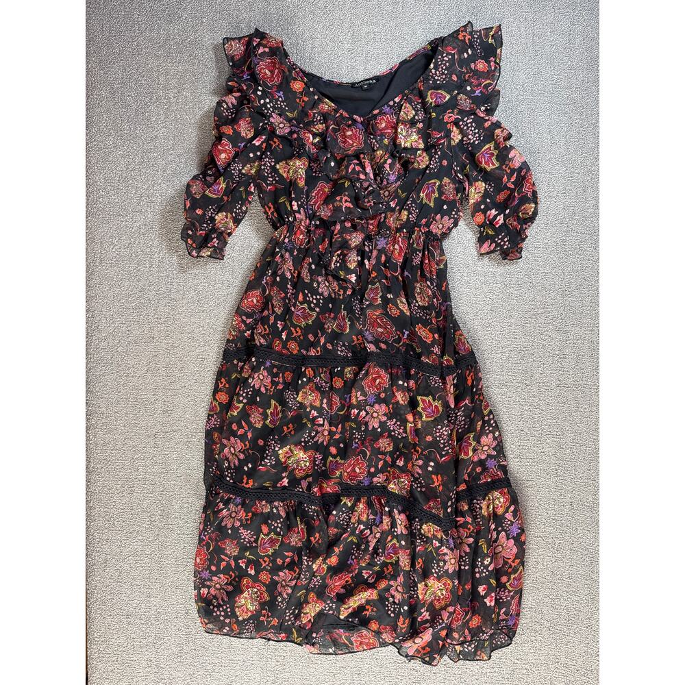 Floral Ruffle Midi Dress - Black and Red